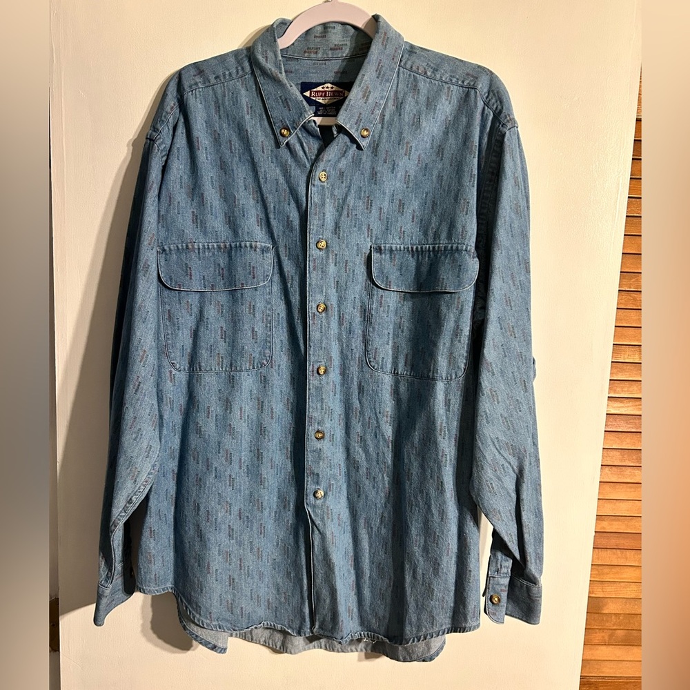 Vintage 100% Cotton Ruff Hewn Light Blue Denim Shirt with Western Pattern